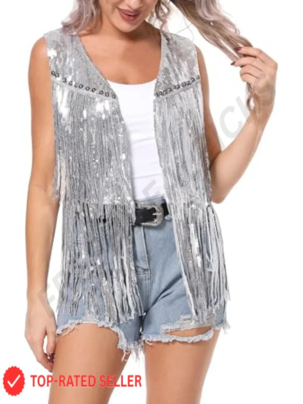 Sequin Fringe Vest Jacket Women Sparkly Glitter Tassel Cardigan Sleeveless